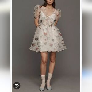 Farm Rio White Heart-Print Puff Sleeve Mini Dress. Size M